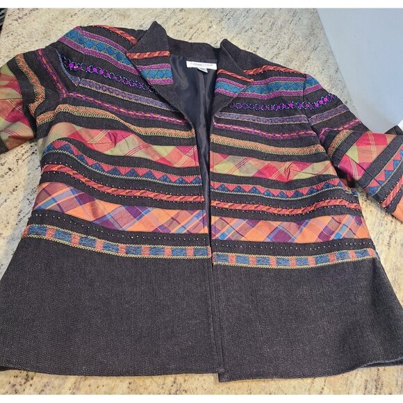 Coldwater Creek Size 12 Petite Denim Blazer Geometric Southwestern Sequin - Picture 5 of 13